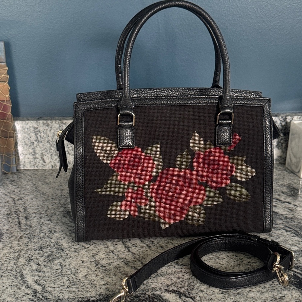 Kate Spade Seely Lana Lane Rose Jacquard Embroidered Black Satche